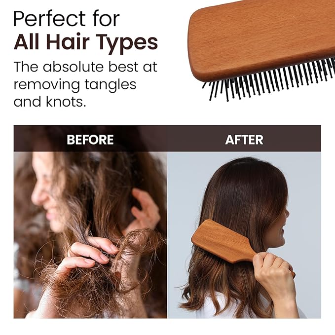 2 Packs Wooden Hand Made Detangling Paddle and Teasing Boar Bristle Hairbrush, Comfortable Gently Detangles, Reduce breakage, Pain-Tangle Free Brushing, All Wet, Dry Hair Types, Women, Men