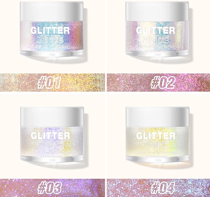MAEPEOR Holographic Body Glitter Gel 4 Colors Long Lasting Chunky Glitter Gel Color Changing Glitter Gel Under Light for Body Face Hair Makeup (Colors L01)