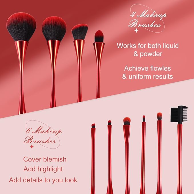 Makeup Brushes Set Makeup Foundation Brush Advanced Foundation Blush Contour Foundation Concealer Eye Shadow Brush Makeup Set (Red)