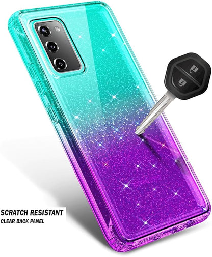 NZND Designed for Samsung Galaxy S20 FE 5G Case with [Built-in Screen Protector], Full-Body Protective Shockproof Rugged Bumper Cover, Impact Resist Case (Glitter Aqua/Purple)