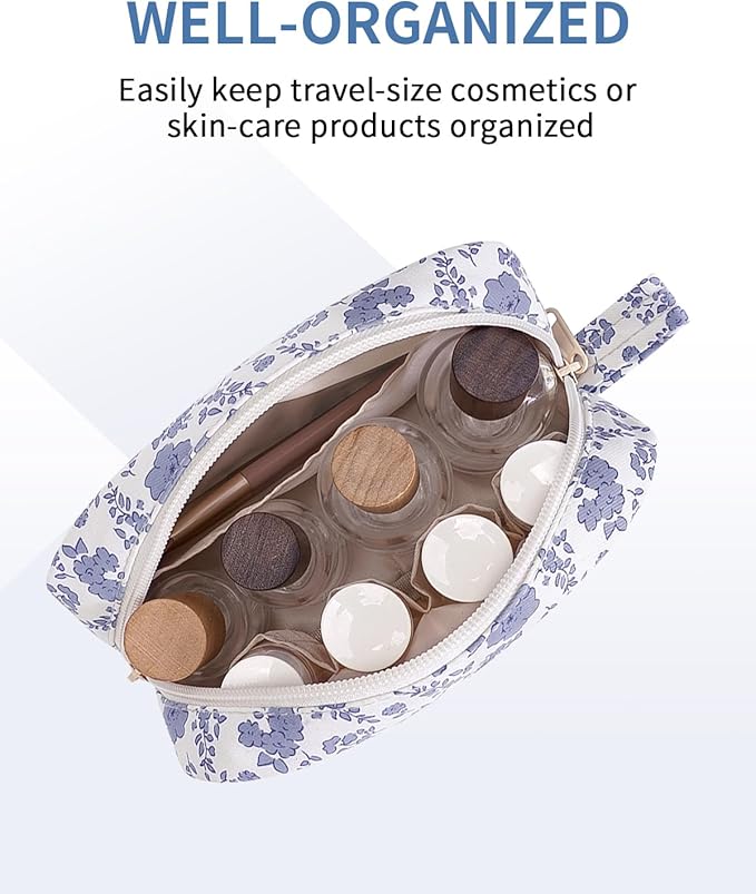 Narwey Small Makeup Bag for Purse Travel Makeup Pouch Mini Cosmetic Bag Zipper Pouch for Women (Little Grayish Blue Flower, Small)