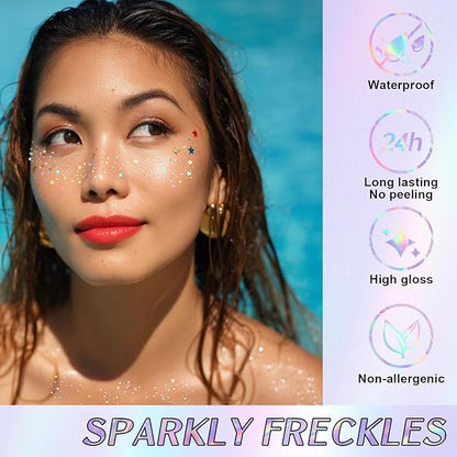 Glitter freckles, Holographic Face and Body Glitter Tattoo Sparkle for Women Gold Glow Cosmetic Star Makeup Accessories 6pcs for Festival Rave