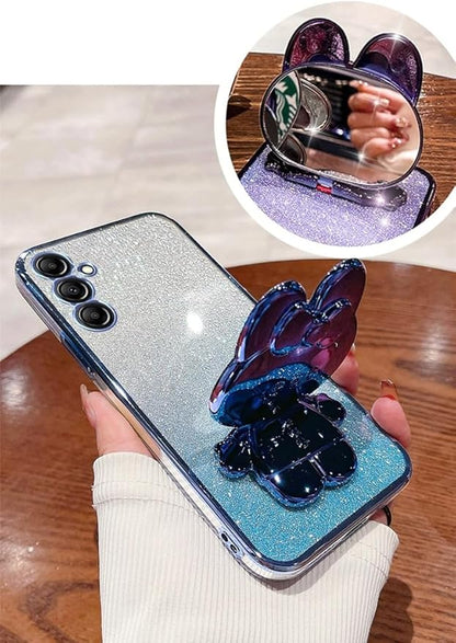 for Samsung Galaxy A16 5G Case for Women Cute Hidden Rabbit Bunny Mirror Stand,Plating Girly Glitter Gradient Layer Crystal Clear Soft Silicone Shockproof Phone Case for Samsung A16 5G Pink
