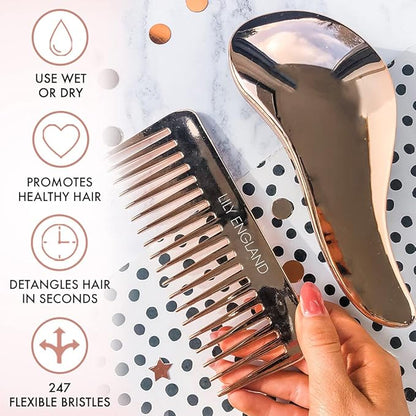 Lily England Detangling Comb & Hair Brush Set - Wide Tooth Comb for Curly, Straight, Thick, Fine & Wet Hair - Gentle & Pain-Free Detangler for Women & Kids - Lightweight Haircare Tools, Rose-Gold