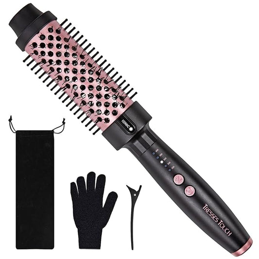 1.5 Inch Thermal Brush Blowout with 5 Temp Settings, Universal Voltage Hair Curling Iron, Ceramic Ionic Thermal Round Curling Brush Suitable for Medium and Long Hair, Rose Gold