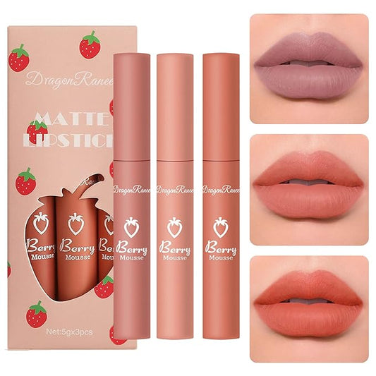 3 Piece Nude Matte Lipstick Set,Natural Velvet Air Moisture Smooth Crayon Lip Stain,Ultimate Nourishing Matte Lipstick 24 Hour Long Lasting Lip Gloss Lipstick for Women Makeup(Set A)