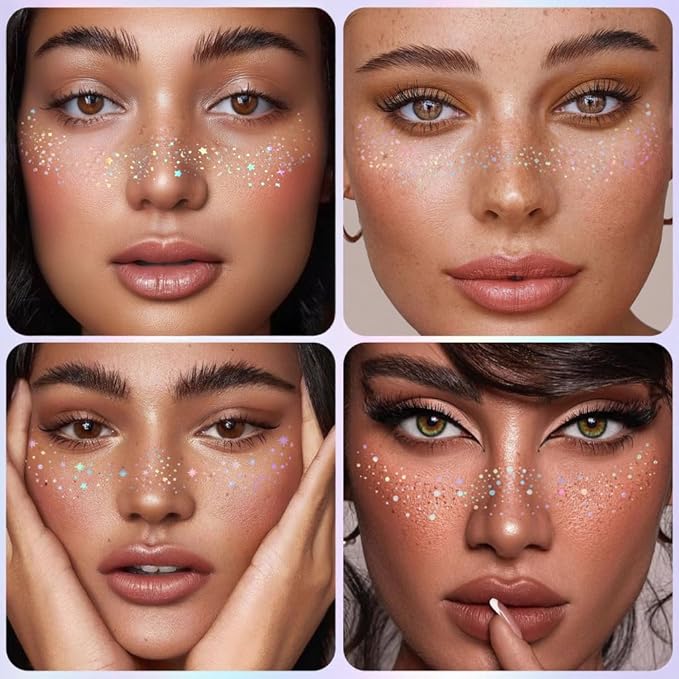 Glitter freckles, Holographic Face and Body Glitter Tattoo Sparkle for Women Gold Glow Cosmetic Star Makeup Accessories 6pcs for Festival Rave