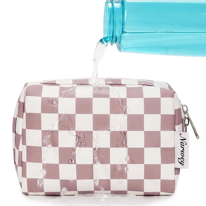 Narwey Small Checkered Makeup Bag for Purse Mini Pink Cosmetic Bag Travel Makeup Pouch Zipper Pouch Cute Make up Bags with Compartments for Women Girls (Dusty Rose Checkerboard, Small)