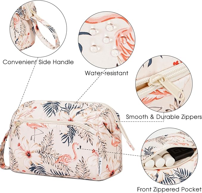 Narwey Women Makeup Bag Wide-open Make up Bag Travel Cosmetic Organizer Toiletry Bag for Cosmetics Toiletries Accessories (Beige Flamingo)