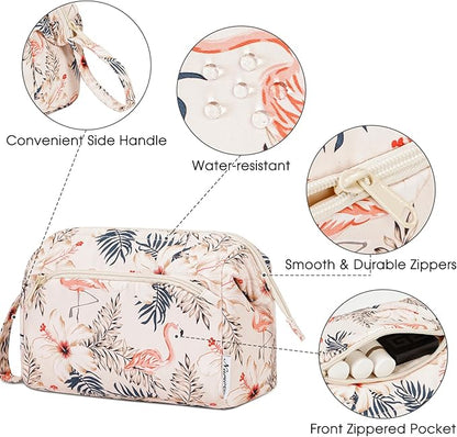 Narwey Women Makeup Bag Wide-open Make up Bag Travel Cosmetic Organizer Toiletry Bag for Cosmetics Toiletries Accessories (Beige Flamingo)