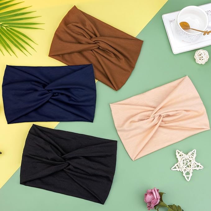 DRESHOW 4 Pack Turban Headbands for Women Wide Vintage Head Wraps Knotted Cute Hair Band Accessories