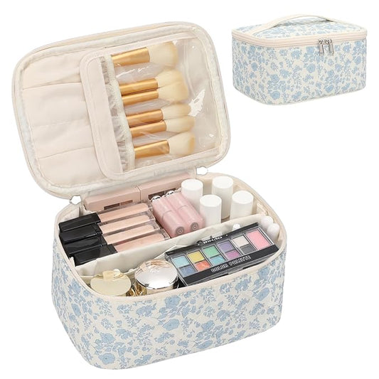 OCHEAL Makeup Bag Portable Cosmetic Bag For Women, Large Capacity Travel Makeup Case Organizer, Toiletry Bag for Girls Traveling With Handle and Divider-Flowers
