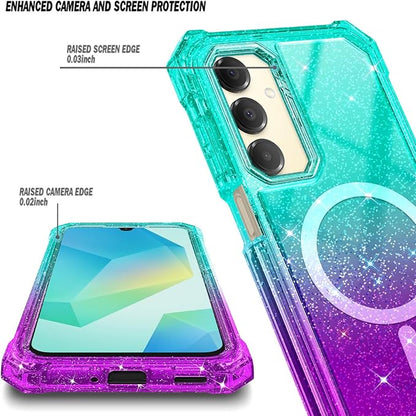 Designed for Samsung Galaxy A16 5G/4G Phone Case, Magnetic Compatible with MagSafe, [Raised Corners Drop Protection] Shockproof Protective Bumper Cover (Glitter Aqua/Purple)