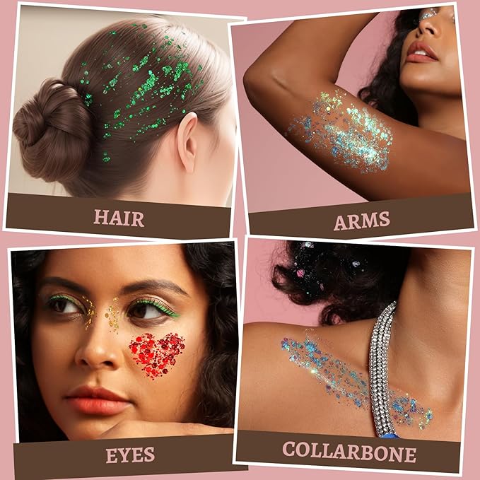 Teenitor Body Glitter Face Glitter Hair Glitter Gel, 6 Colors Body Glitter for Women, Self Adhesive Face Gems Face Rhinestones for Festivals Concerts Rave Glitter