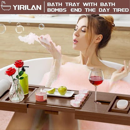 Yirilan Bathtub Caddy Tray, Foldable Bathroom Tray with Extending Side, and Waterproof Fabric Bookshelf, Luxury Bath Tray -Brown