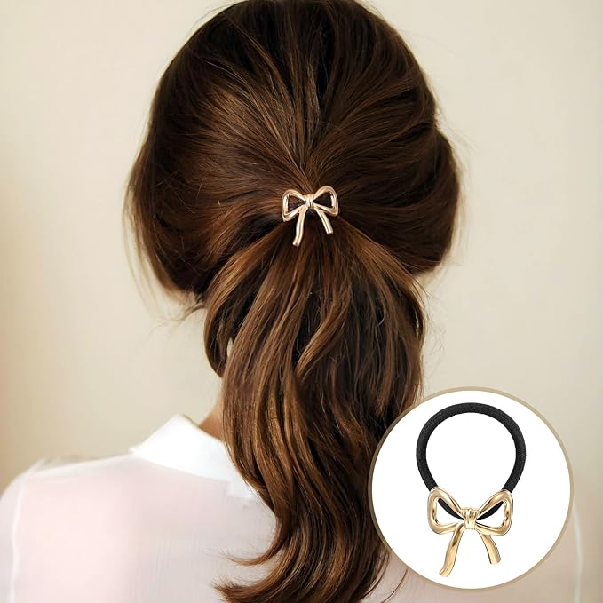 4 Pcs Bowknot Hair Ties for Women Elegant Gold Silver Bow Ponytail Holder Metal Elastic Hair Scrunchies Cute Rubber Bands Hair Ropes for Girls Thick Thin Curly Hair Styling Accessories