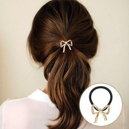 4 Pcs Bowknot Hair Ties for Women Elegant Gold Silver Bow Ponytail Holder Metal Elastic Hair Scrunchies Cute Rubber Bands Hair Ropes for Girls Thick Thin Curly Hair Styling Accessories