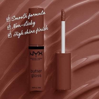NYX PROFESSIONAL MAKEUP Butter Gloss Brown Sugar, Non-Sticky Lip Gloss - Brownie Drip (Deep Brown)