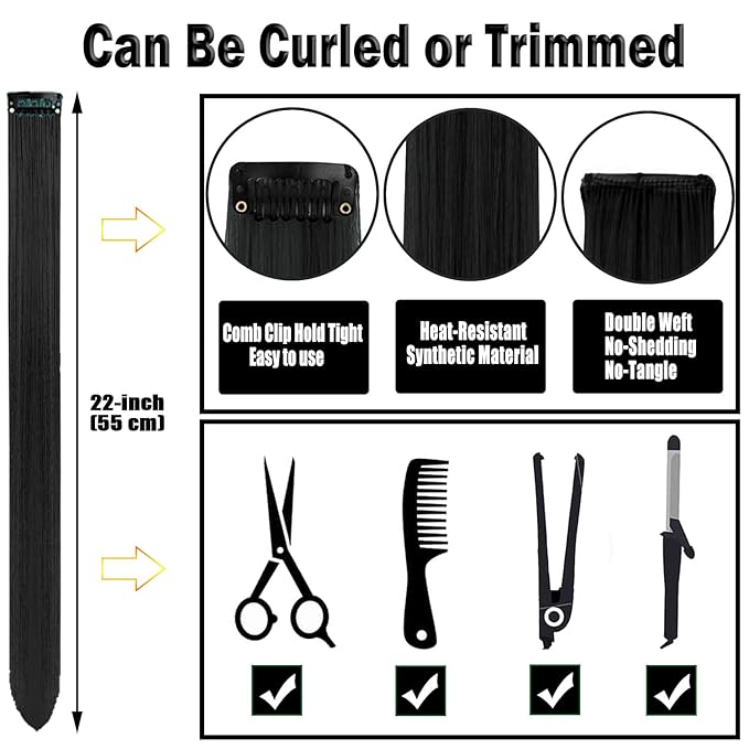 12 PCS Black Hair Extensions Clip in, 22 Inch Colored Hair Extensions Party Highlights Long Straight Synthetic Hairpieces for Women Kids Girls
