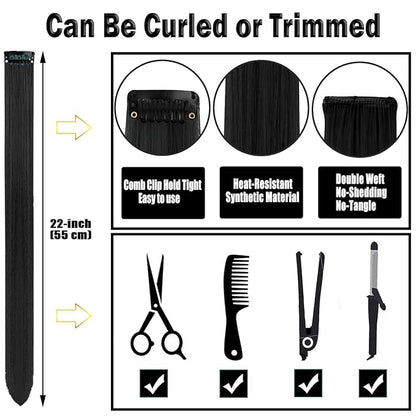 12 PCS Black Hair Extensions Clip in, 22 Inch Colored Hair Extensions Party Highlights Long Straight Synthetic Hairpieces for Women Kids Girls