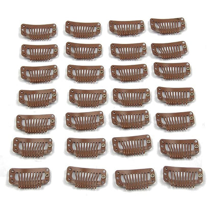 30pcs Hair Extension Clips Stainless Steel Snap Clips for Hair Extensions DIY Wig Combs Toupee Clips 9-teeth 32mm 1.2g/pc (Light Brown)