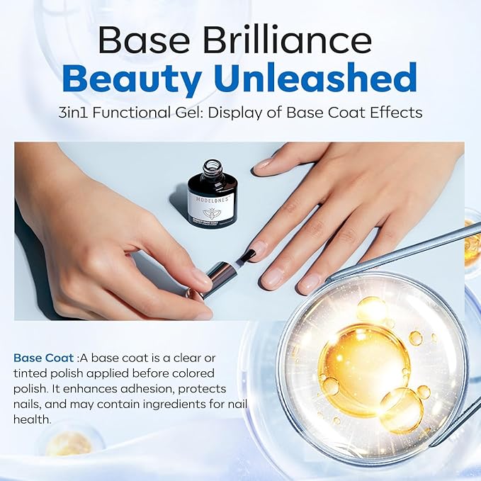 modelones Rubber Builder Gel Base Coat for Nails, Clear Rubber Base Gel Nail Polish for Strengthen/Apex Building/Enhance/Reinforced Long Lasting Protect Soak Off U V LED For Thin Weak Nails