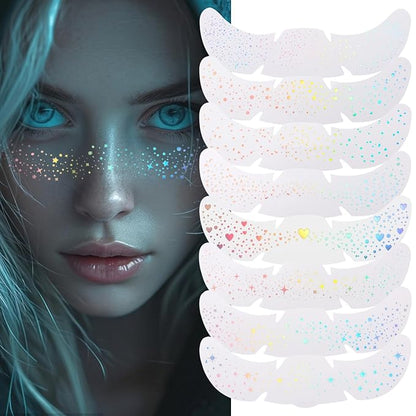 8PCS Glitter Freckles, Glitter Freckles Face Tattoo, Sparkle Freckles for Women and Kids, Cute Star Waterproof Gold Temporary Face Tattoos Glitter Glow Up Patches (8PCSA Holographic Multicolor)