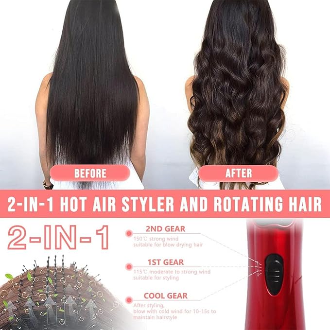 3-in-1 Hot Air Styler and Rotating Hair Dryer, Spin Hair Dryer Brush with 2 Interchangeable Brush, Anti-frizz Hot Air Spin Brush Set for Straightening, Drying, and Curling (Red)