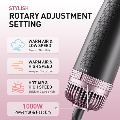 3-in-1 Rotating Hair Dryer Brush Blow Dryer with Interchangeable Heads, Hair Styling Tools for Straightening/Drying/Curling, Spinning Thermal Brush Blowout Set for Long Hair, Rose Gold