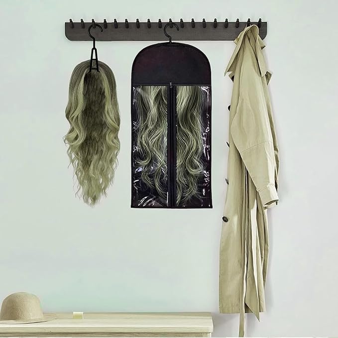 2packs Hanging Wig Stand 2Packs Wig Storage Bags Dust-proof Wig Bags With Hanger With Clear Zipper Closure for Multiple Wigs Hats and Hair Extensions Accessories (White stand-Hot Pink bag)