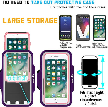 Arm Phone Holder for Running, Armband Cellphone for iPhone 15 14 13 12 11 Pro Max/XR/8 7 6s Plus, Galaxy A/S/Note Up to 6.9’’, for Exercise Gym Fitness Sports Gear-Purple