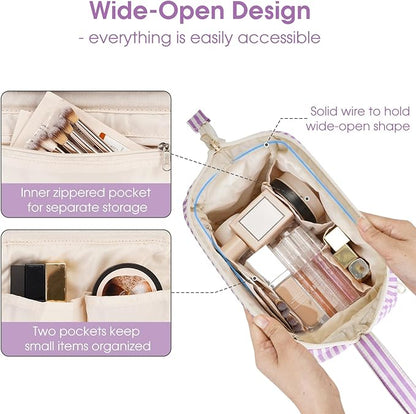 Narwey Striped Makeup Bag Women Wide-open Make up Bag Travel Cosmetic Bag Organizer Toiletry Bag for Cosmetics Toiletries Accessories (Purple Stripe)