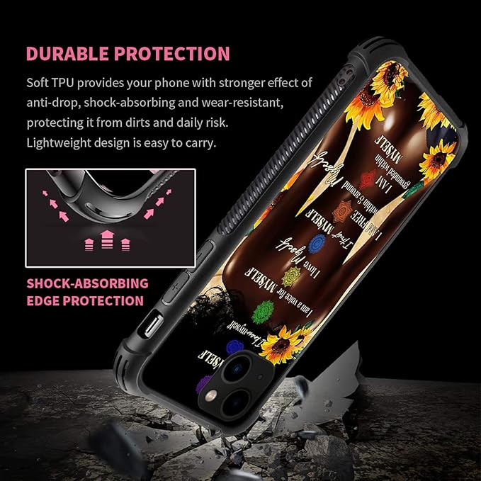 iPhone 13 Pro Max Case, Sunflower Back View Black Girl Cases, Tempered Glass Back+Soft Silicone TPU Shock Protective Case for Apple Max(6.7 inch)