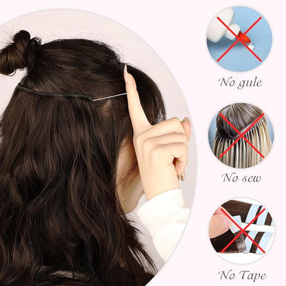 MORICA Invisible Wire Hair Extensions - 20 Inch Dark Brown Long Wavy Synthetic Hairpiece with Transparent Wire Adjustable Size, 4 Secure Clips for Women