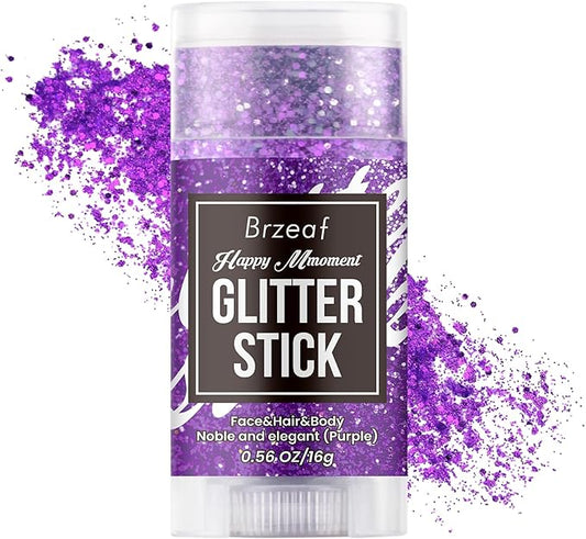 Brzeaf Waterproof Purple Glitter Stick, Not Greasy & Shimmery & Long Lasting, Chunky Glitter for Face/Body/Hair/Eyes, Singer Concert Music Rave Festival, Glitter Stick Makeup for Women Men