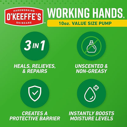 O'Keeffe's Working Hands Hand Cream in a Pumpable Jar for Extreme Dryness – 10oz Pump (1 Pack) - Repairing Skincare for Cracked, Dry Hands