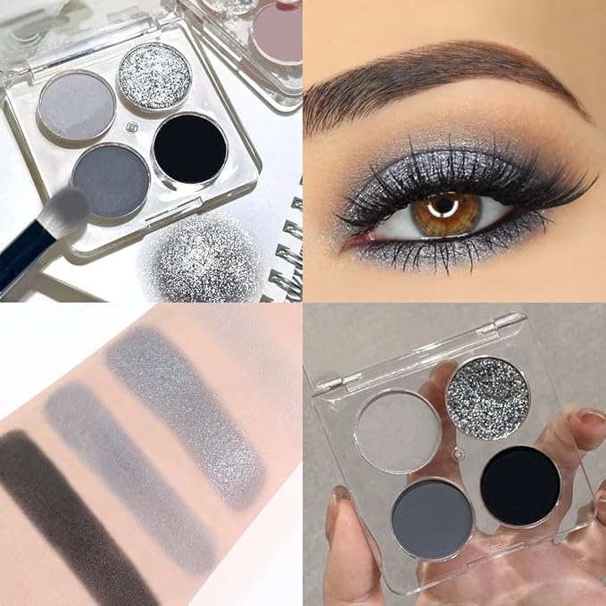 Eyeshadow Quads, 4 Black Smokey Grey Gray Silver Matte Shimmer Eye Shadow Makeup Palette Pigmented Silver Glitter Metallic Eyeshadow Makeup Palette sombra negra para ojos para ojos brillantes 01#