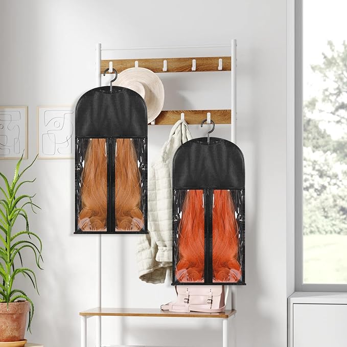2Pcs Hair Extension Holder Wig Storage Bags with Hanger for Multiple Wigs Dust Proof Wig Hanger for Store Hair Extensions wigs Accessories（Black）