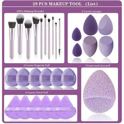 29Pcs Makeup Tool Set Includes: Wooden Handle 10Pcs Kabuki Makeup Brush set 18Pcs Makeup Sponges Suitable for makeup artists and perfect gifts (Purple 29pcs)