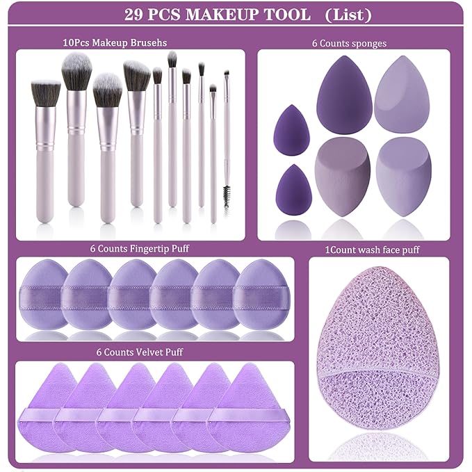 29Pcs Makeup Tool Set Includes: Wooden Handle 10Pcs Kabuki Makeup Brush set 18Pcs Makeup Sponges Suitable for makeup artists and perfect gifts (Purple 29pcs)