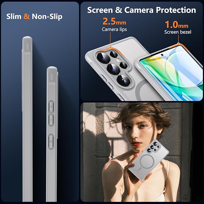 OWKEY Samsung Galaxy S25 Ultra Case 6.86'', Magnetic S25 Ultra Case for Magsafe with Tempered Glass Screen, [Shockproof Military] Translucent Back Slim Bumper Cover Phone Case Galaxy S25 Ultra, Gray