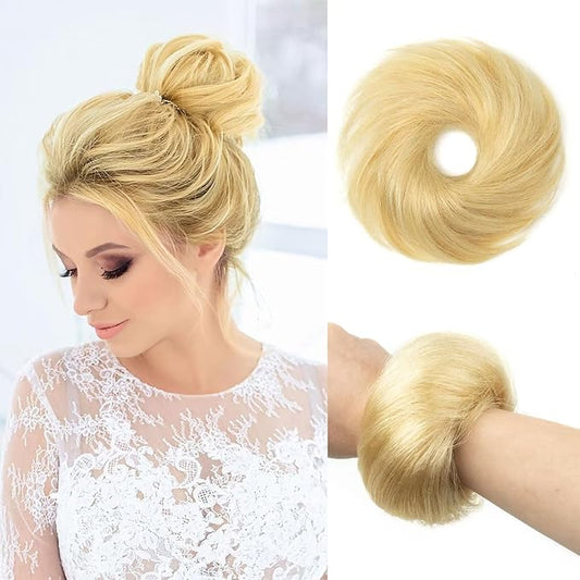1PCS Messy Bun Hair Piece Human Hair Natural Curly 100% Real Human Hair Chignons Scrunchies Fluffy for Women Bun Donut Updo Hair Pieces Extension (#613 Bleach Blonde)