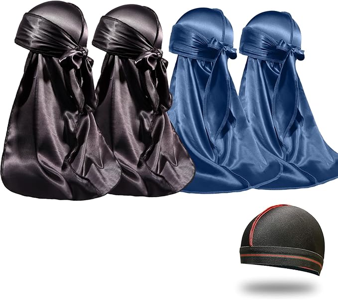 4PCS Silky Durags for Men Women 360 Waves with 1 Wave Cap, Silky Satin Durag Extra Long Tails