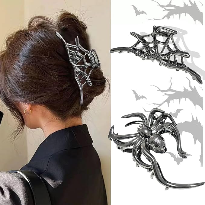 3 Pieces Large Metal Spider Net Hand Hair Claw Clips for Women and Girls Thick Long Hair, Nonslip Skeleton Spooky Barrette Headband Hair Styling Accessories for Halloween Christmas Gifts