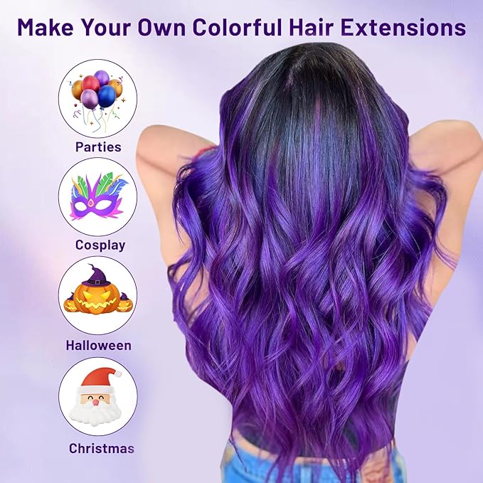 16 Pcs Colored Hair Extensions Curly Wavy Clip in Synthetic Hairpiece Streak for Girls Women Kid, Multi-colors Party Highlights Cosplay Festival Gift(Purple)