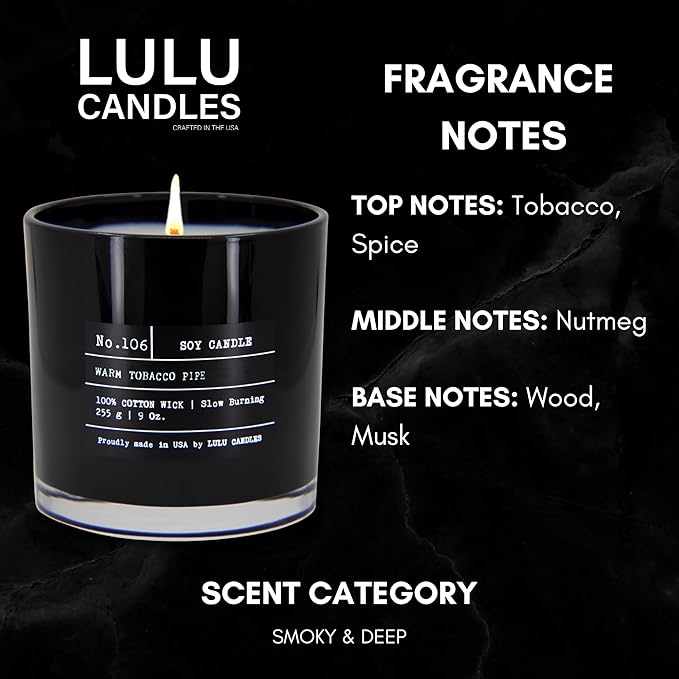 Lulu Candles | Warm Tobacco Pipe | Luxury Scented Soy Jar Candle | Hand Poured in The USA | Highly Scented Long Lasting (9 Oz.)
