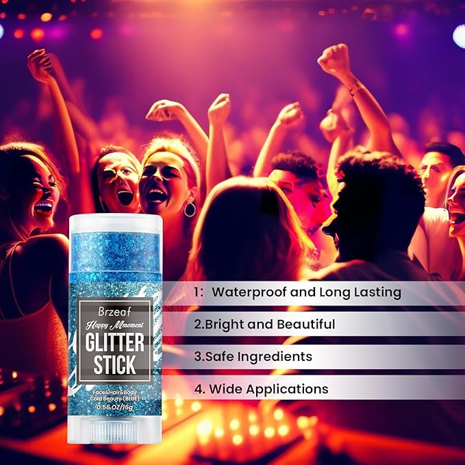Brzeaf Blue Glitter Stick, Festival Rave Accessories, Waterproof & Long Lasting, Hair Eyeshadow Face Glitter Stick, 0.035kg, Blue