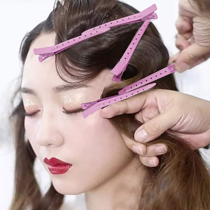 24 Packs Duck Bill Clips, Bantoye 3.35 Inches Rustproof Metal Alligator Curl Clips with Holes for Hair Styling, Hair Coloring, Pink