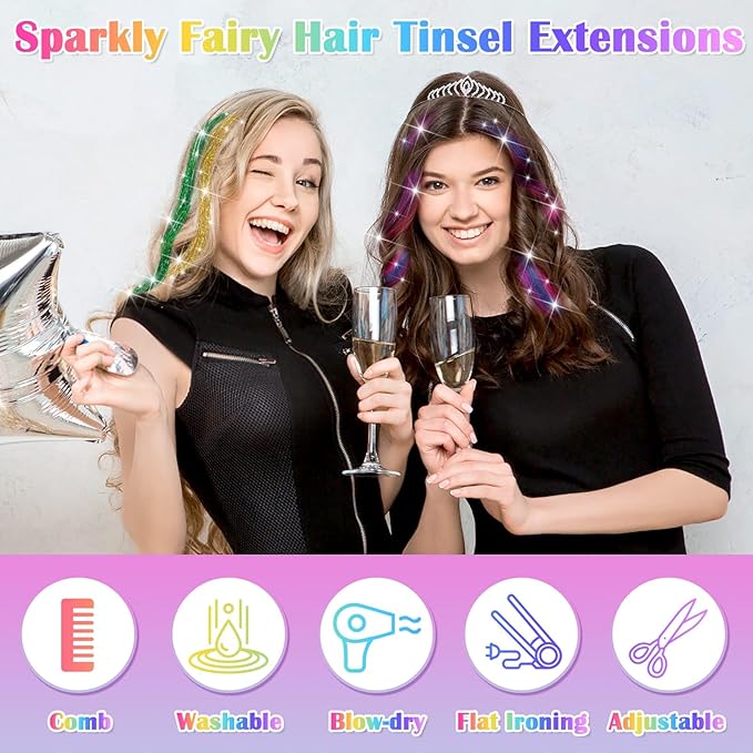 20 Colors Hair Tinsel with Hair Feathers & Colorful Hair Extensions, 48 Inch Sparkle Hair Glitter Strands with Colored Hair Feathers Extensions Kit for Women Girls Kids Party Festival