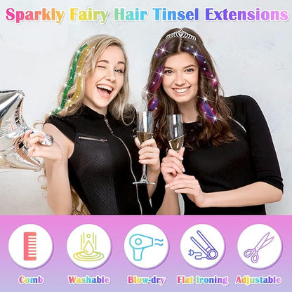 20 Colors Hair Tinsel with Hair Feathers & Colorful Hair Extensions, 48 Inch Sparkle Hair Glitter Strands with Colored Hair Feathers Extensions Kit for Women Girls Kids Party Festival